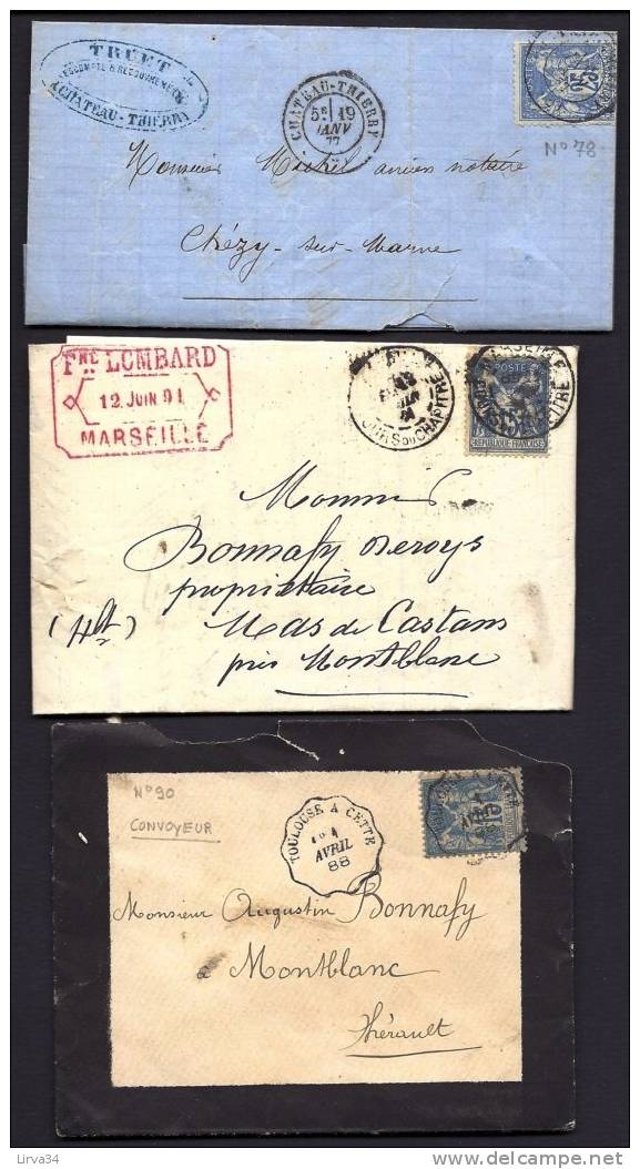 LOT 3 LETTRES  ANCIENNES- COVER- FRANCE- SAGE N° 90 ETAT 1 ET 2- N° 78-  CONVOYEUR TOULOUSE- MARSEILLE- CHATEAU-THIERY - 1849-1876: Période Classique