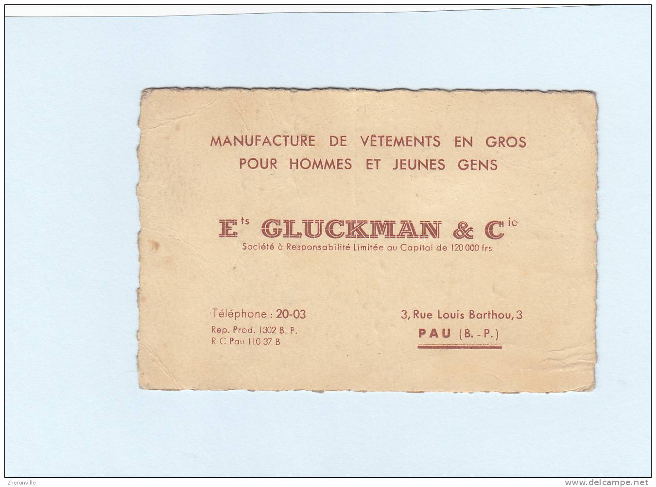 Carte Ancienne - PAU - Etablissements GLUCKMAN & Cie - Manufacture De Vetements En Gros Pour Hommes Et Jeunes Gens - Pau