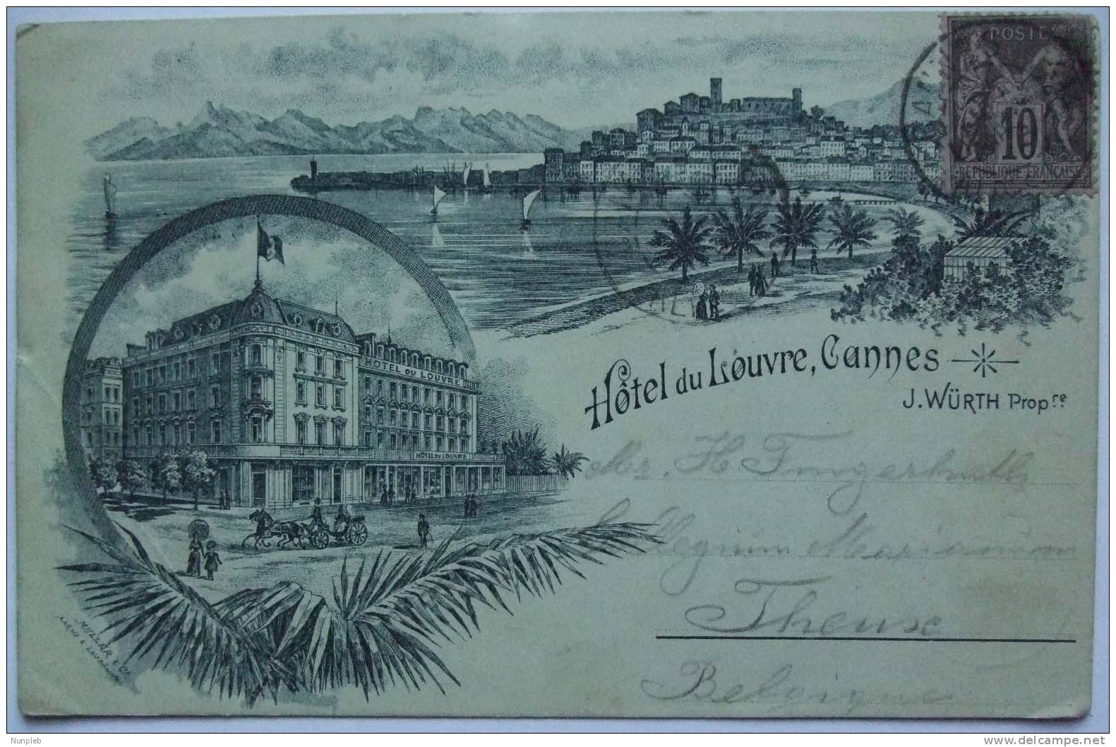 1890`S FRANCE POSTCARD HOTEL DU LOUVRE CANNES TO THEUX LEUVEN BELGIUM - 1876-1898 Sage (Type II)