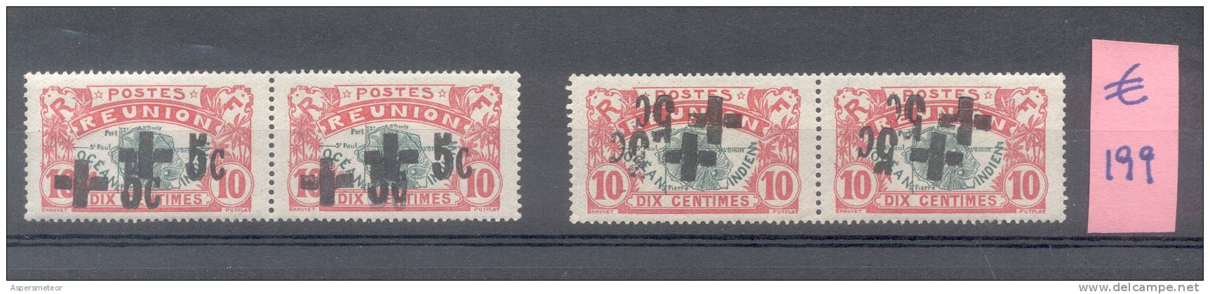 ISLA REUNION 1915-16 CROIX ROUGE SURCHARGE REENVERSE NEUF PAIR ET OBLITERE - Other & Unclassified