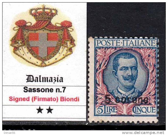 Italia - 1919  Dalmazia - N.7 - Cat. 200 Euro - Firmato Biondi -  MNH** - Gomma Integra - Dalmatia