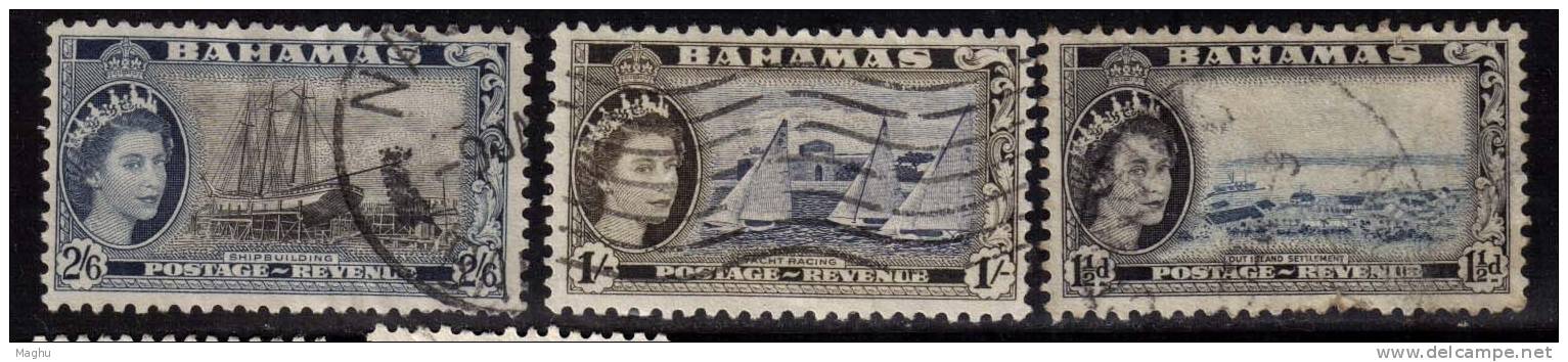 2/6s, 1/s, 11/2d, 3v Used, Bahamas 1954, QE II, Ship Building, Yatch Race, Yacht - 1859-1963 Colonie Britannique