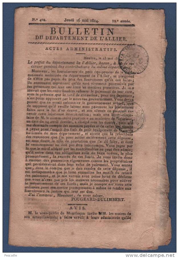 BULLETIN DEPARTEMENT ALLIER 26 05 1814 - EQUIPEMENT GARDE NATIONALE - EVEQUES - MILITAIRES - POLICE - EAUX VICHY - COSNE - 1800 - 1849