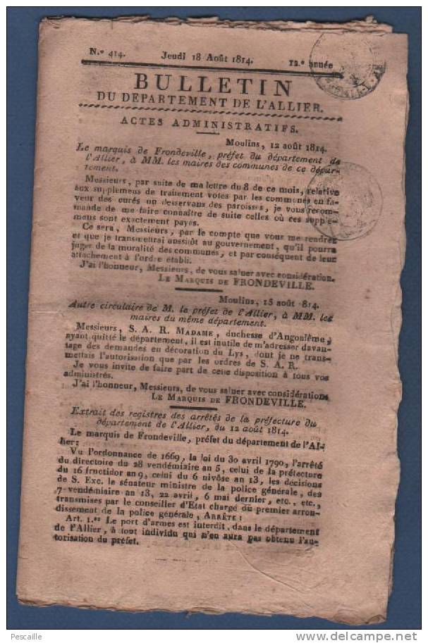 BULLETIN DEPARTEMENT ALLIER 18 08 1814 - PORT D'ARMES - EPIZOOTIE - SOCIETE LITTERAIRE MOULINS - OFFICIERS - LYON - 1800 - 1849