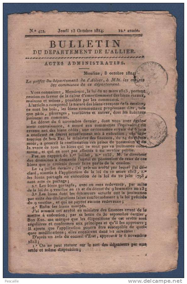 BULLETIN DEPARTEMENT ALLIER 13 10 1814 - BIENS COMMUNAUX - BONS DE REQUISITION - CONGRES DE VIENNE - ETAT DE LA FRANCE - - 1800 - 1849