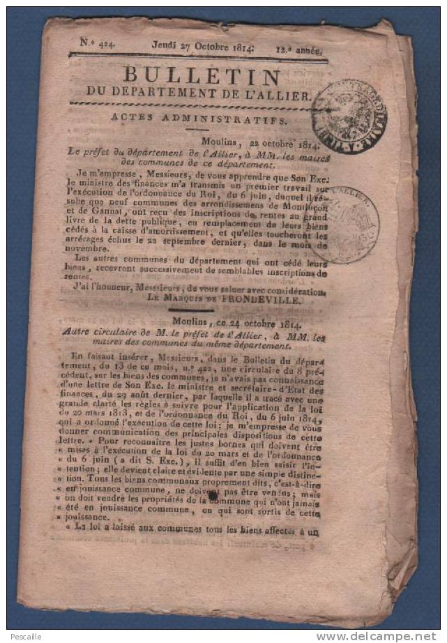 BULLETIN DEPARTEMENT ALLIER 27 10 1814 - BIENS COMMUNAUX - EPIZOOTIE BOVINS - CARNOT - PRESSE - COLLEGE CUSSET - 1800 - 1849
