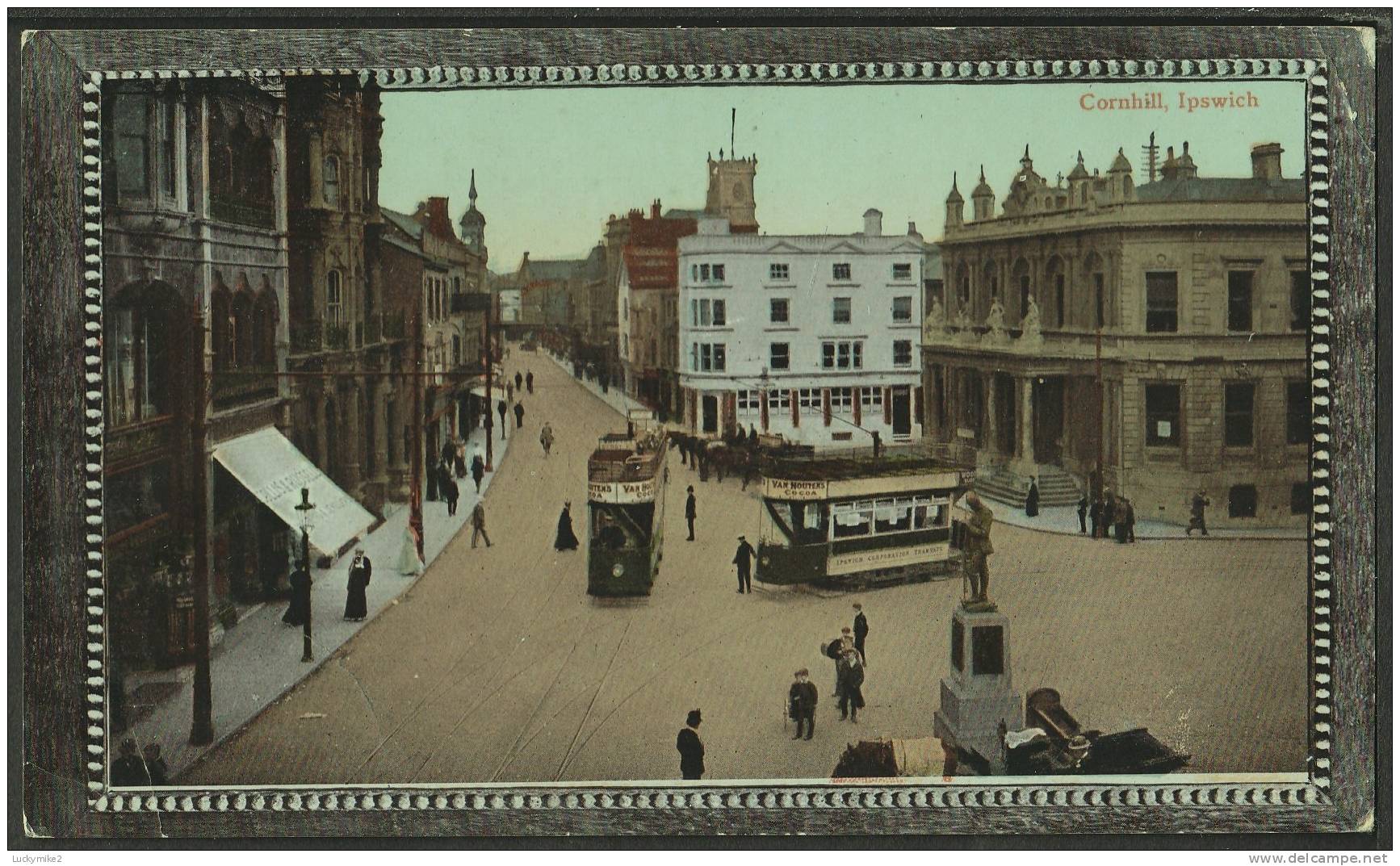 "Cornhill, Ipswich".   Posted 1912 ("FRESTON/IPSWICH" Rubber Pmk).  (tram) - Ipswich
