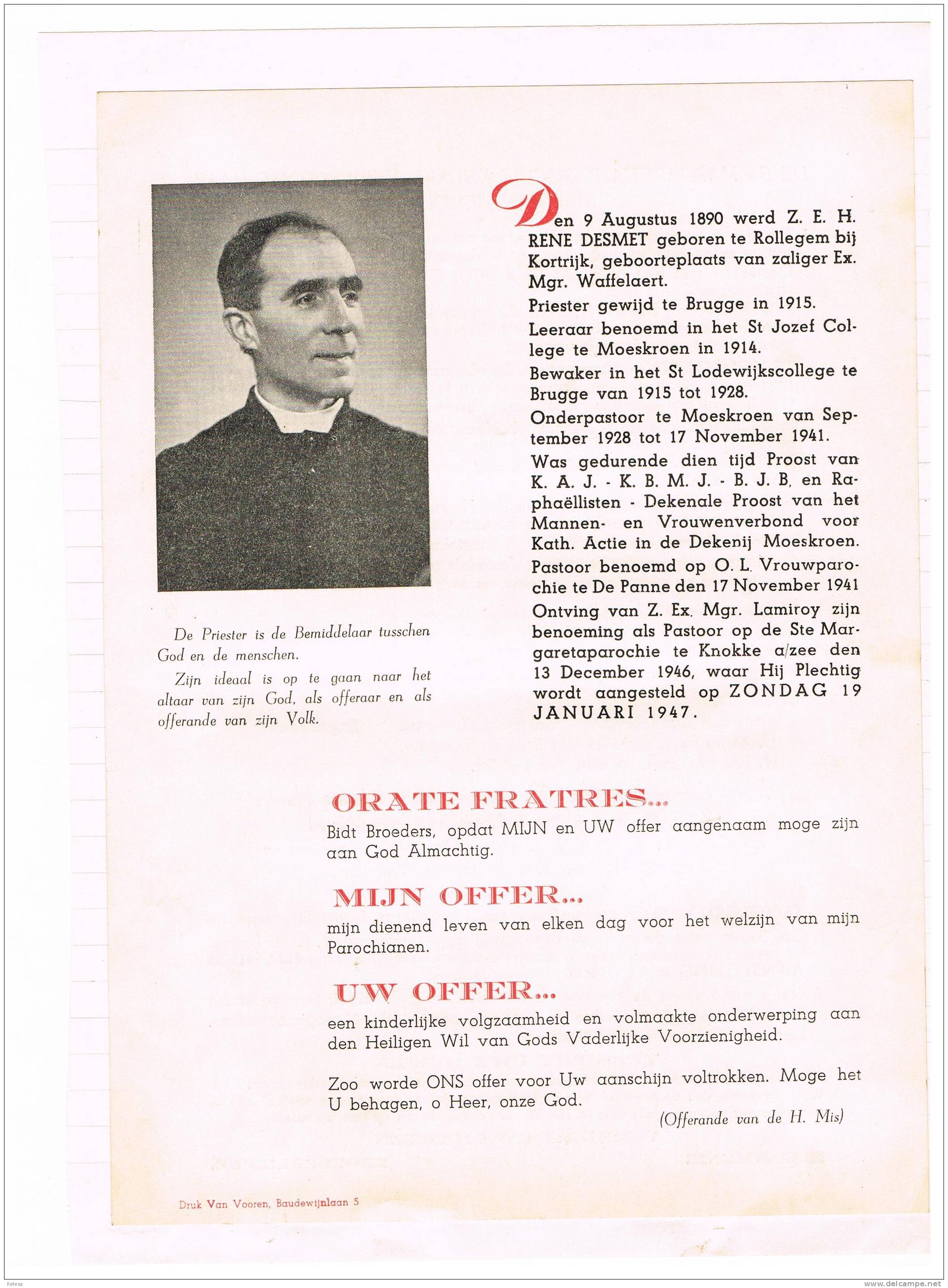 Z.E.H. RENE DESMET AANGESTELD ALS PASTOOR TE KNOKKE A/ZEE 19 JANUARI 1947 - Religion & Esotérisme