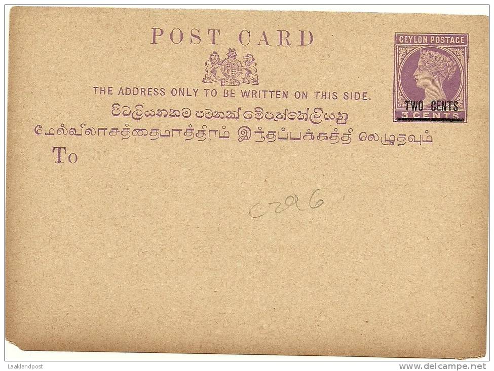 Ceylon Postal StationaryCard OVERPRINTED TWO CENTS - Ceylan (...-1947)