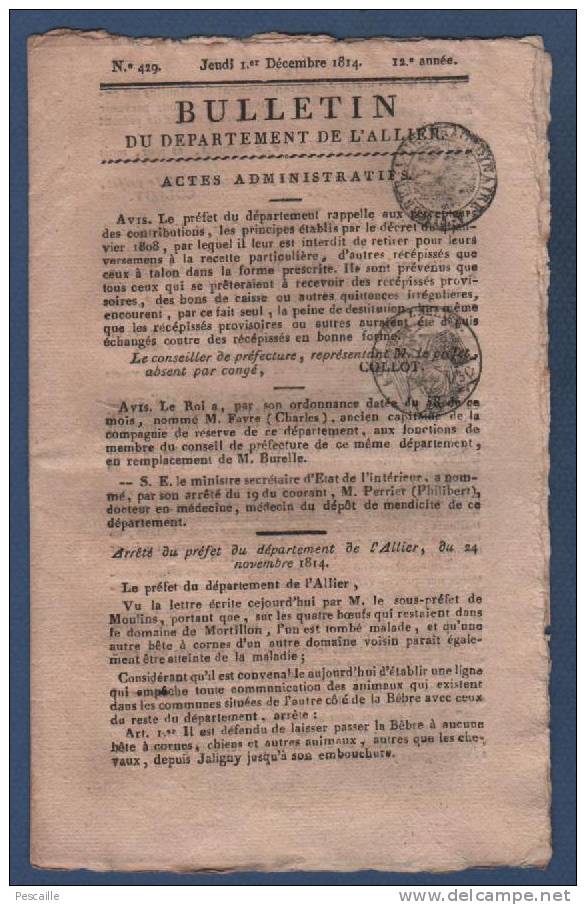 BULLETIN DEPARTEMENT ALLIER 01 12 1814 - EPIZOOTIE BOVINS - TRAVAIL FETES ET DIMANCHE - T. WENTWORTH COMTE DE STRAFFORD - 1800 - 1849