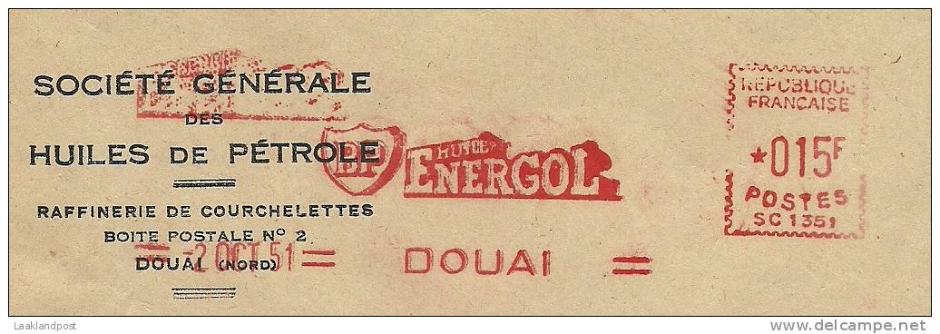 France Firm Cover Societe Generale Des Huiles De Petrole With Meter BP ENERGOL 2-10-1951 - EMA (Print Machine)