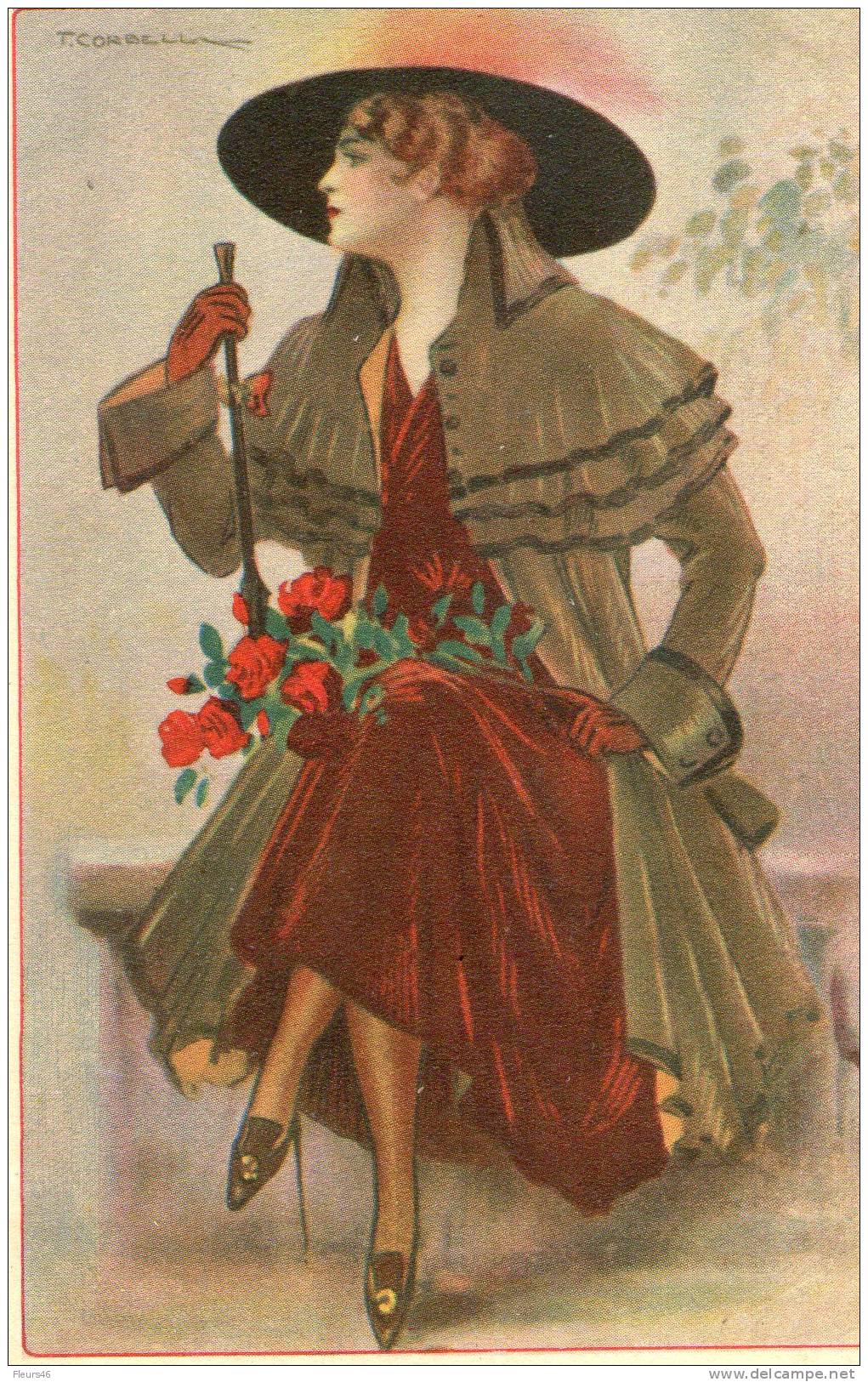 T. CORBELLA - Femme Roses Rouges Et Canne - Corbella, T.