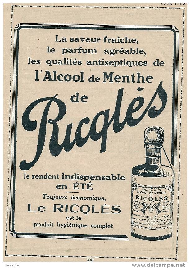 Advertising - pub de 1924  Alcool de Menthe RICQLES