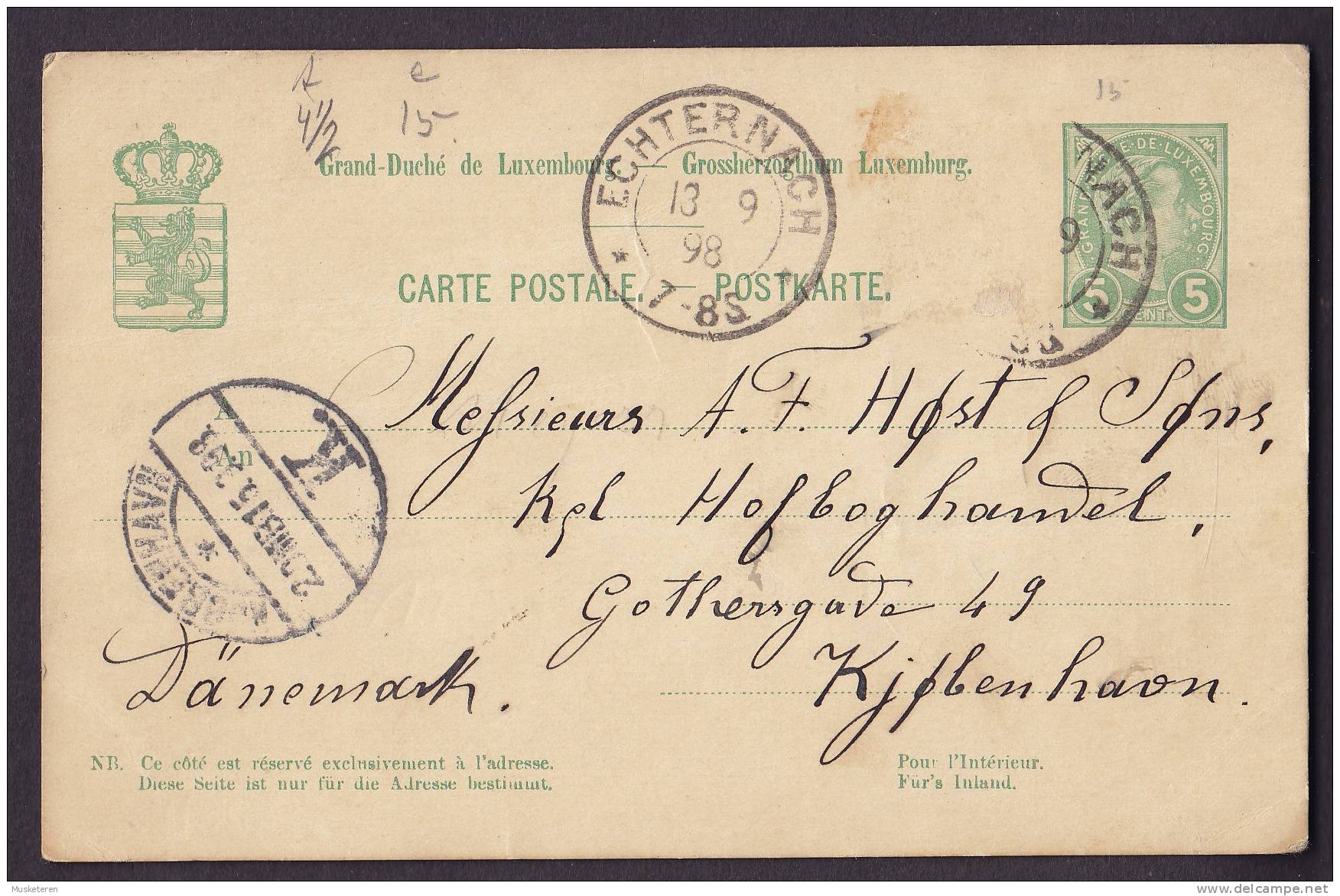 Lixembourg (Uprated) Postal Stationery Ganzsache Entier ECTERNACH 1898 To Denmark (2 Scans) - Ganzsachen