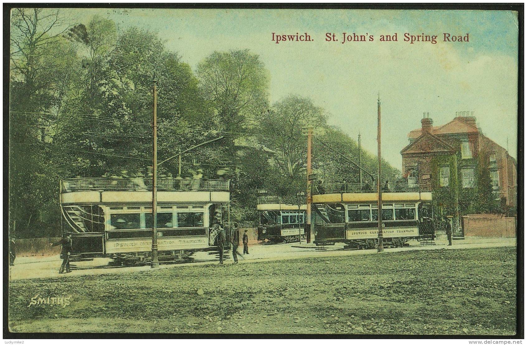 Postcard Ipswich St Johns And Spring Road    Posted 1905 ( IPSWICH / 3" Sq.circle ).  Trams - Ipswich