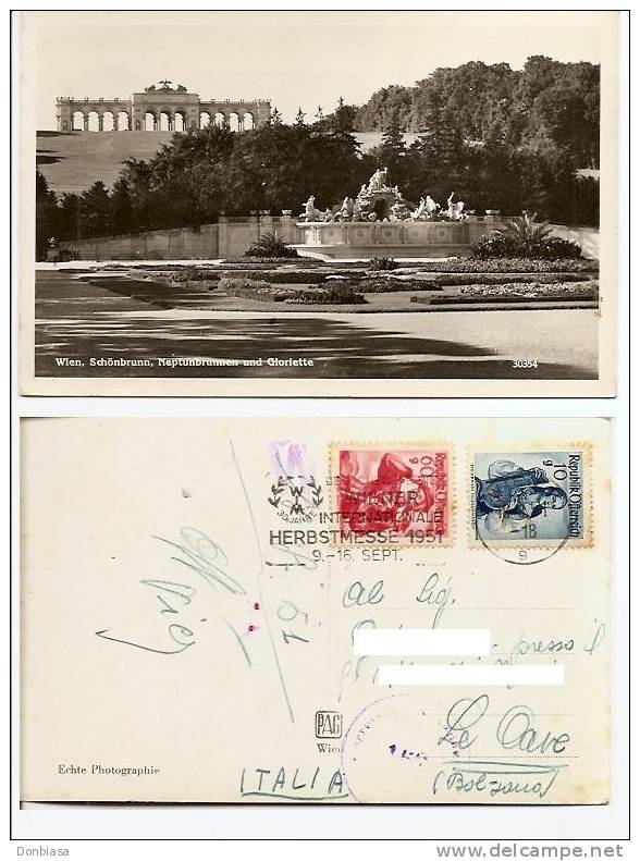 Wien: Schonbrunn, Neptunbrunner Und Gloriett. Postcard Travelled To Italy 18/08/1951 (Wiener Internationale Herbstmesse) - Château De Schönbrunn