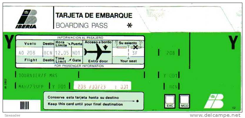 ETUI - CARTE D'EMBARQUEMENT - IBERIA - COMPAGNIE AERIENNE - Europe