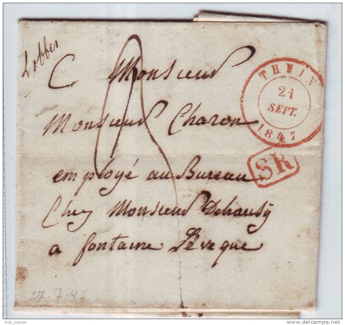 Lettre Càd THUIN/1847 + Origine Manuscrite "Lobbes". RR - 1830-1849 (Belgique Indépendante)