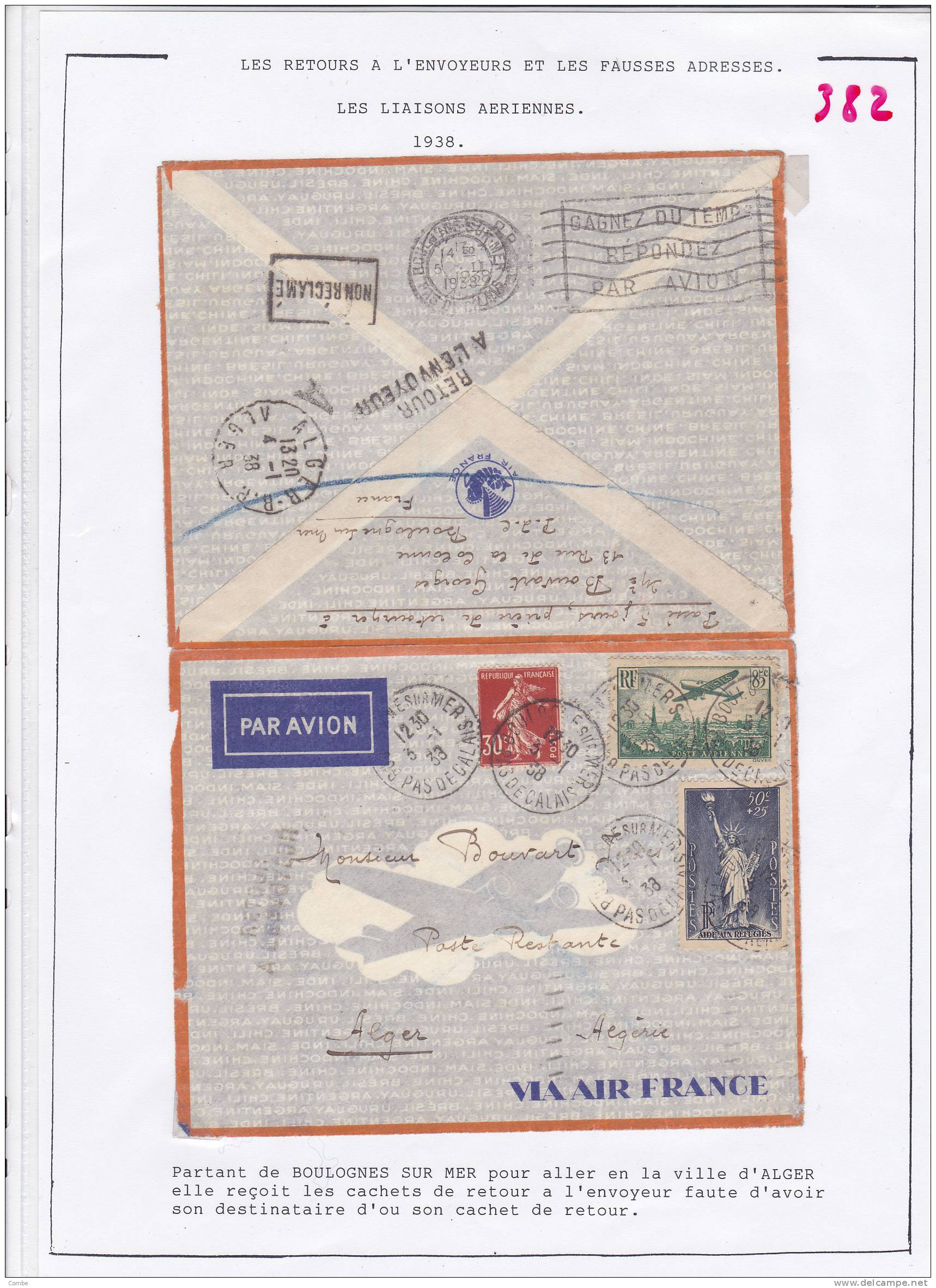 Très Belle Lettre_ 1938  Gagnez Du Temps Répondez Par Avion_Boulogne Sur Mer-Alger Retour - 1927-1959 Briefe & Dokumente