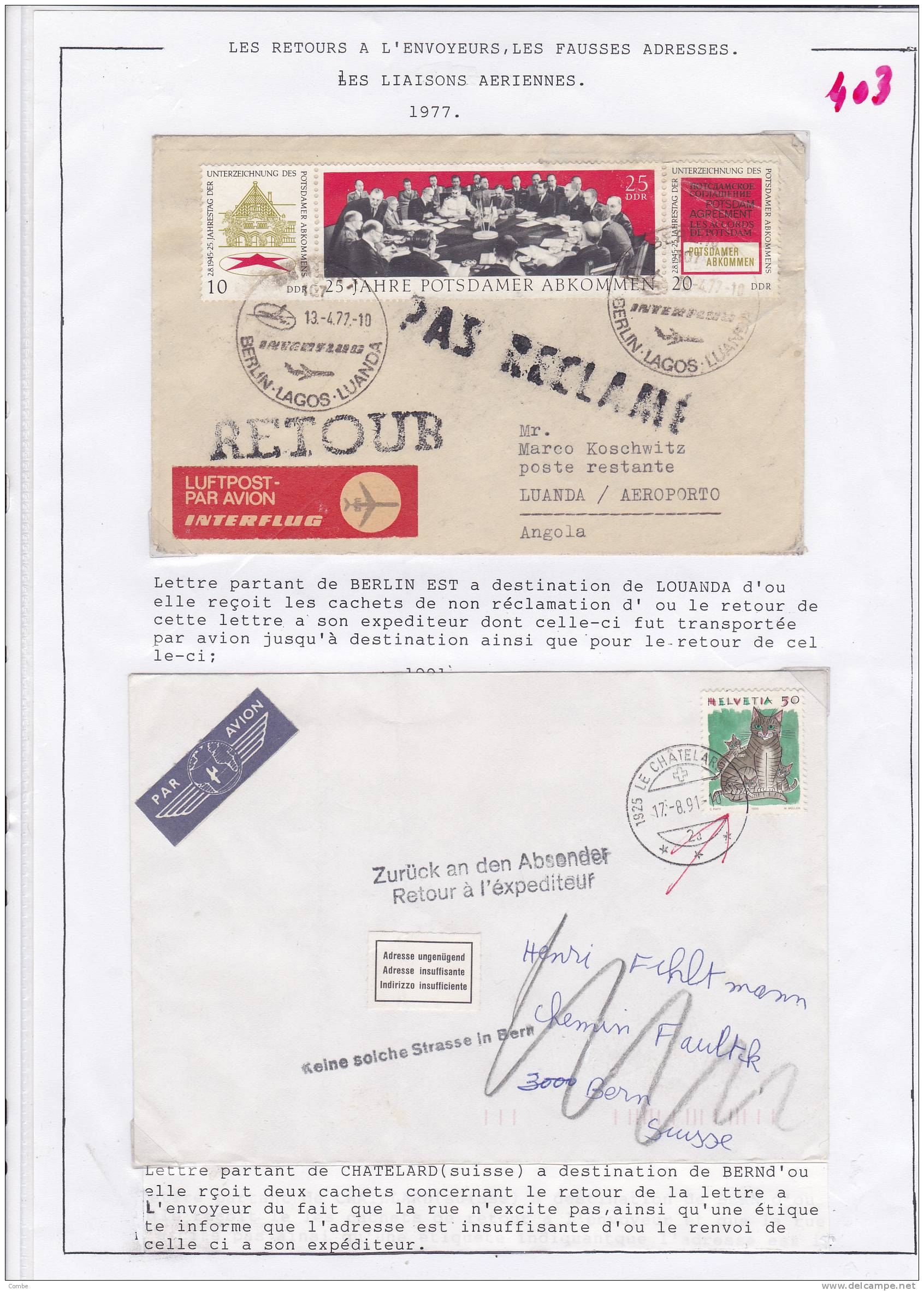 Belle Lettre  1977/Luftpost Berlin-Lagos-Luanda/Inconnu Retour - 1960-.... Briefe & Dokumente