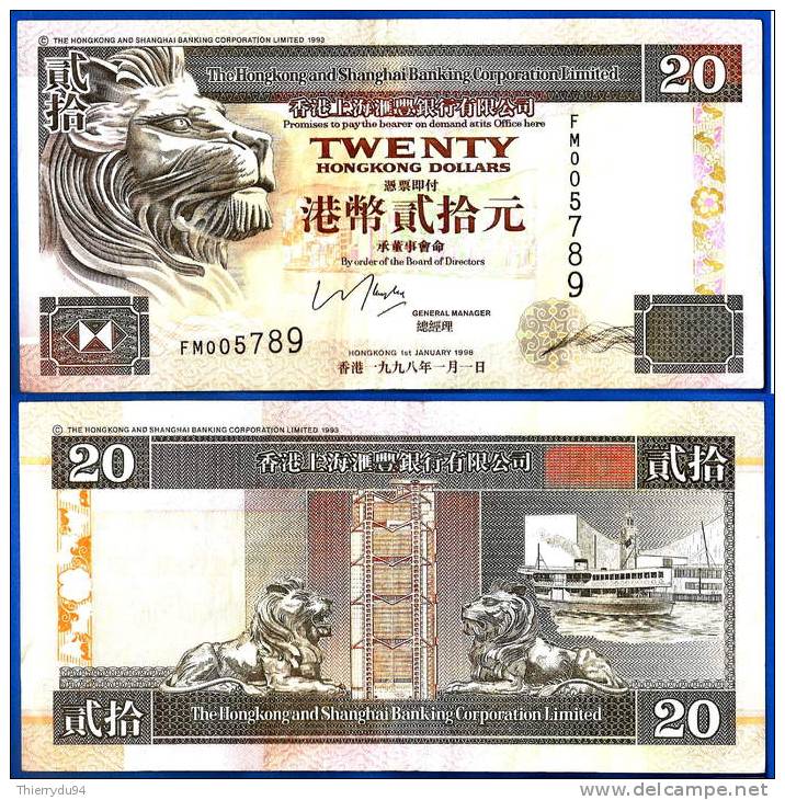 Hong Kong 20 Dollars 1998 HSBC Low Number Asie Asia Dollar Lion Skrll Moneybookers - Hong Kong