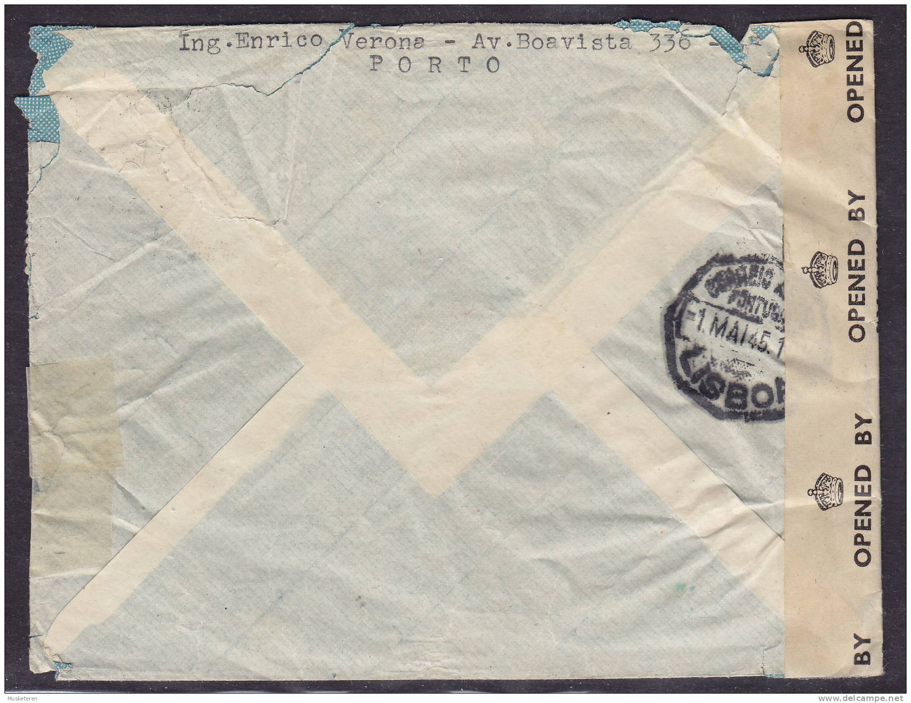 Portugal Airmail PORTO 1943 Cover To LONDON Great Britain P.C. 90 Censor Label Examiner 9899 Avelar Brotero (2 Scans) - Lettres & Documents