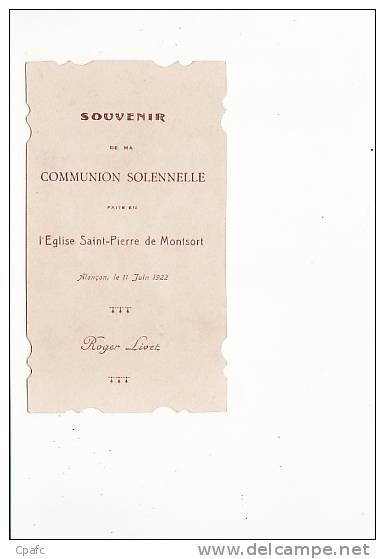 2 Images Pieuses 11 Juin 1922 , Communion Solennelle Faite En L'église Saint Pierre De Montsort D'Alençon - Images Religieuses