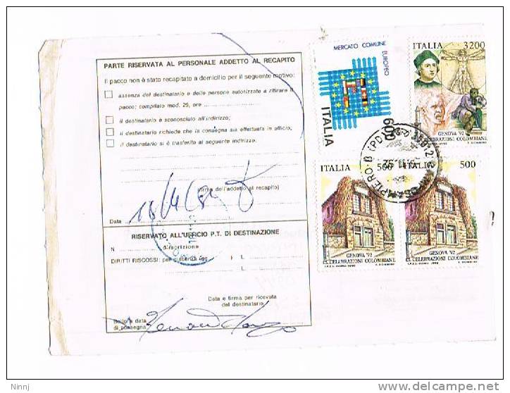 Italia Storia Postale 9.11.92 Camposampiero(PD)/Palermo  Affr. £. 3.200+ 2 X £. 500 + £. 600 - 1991-00: Storia Postale