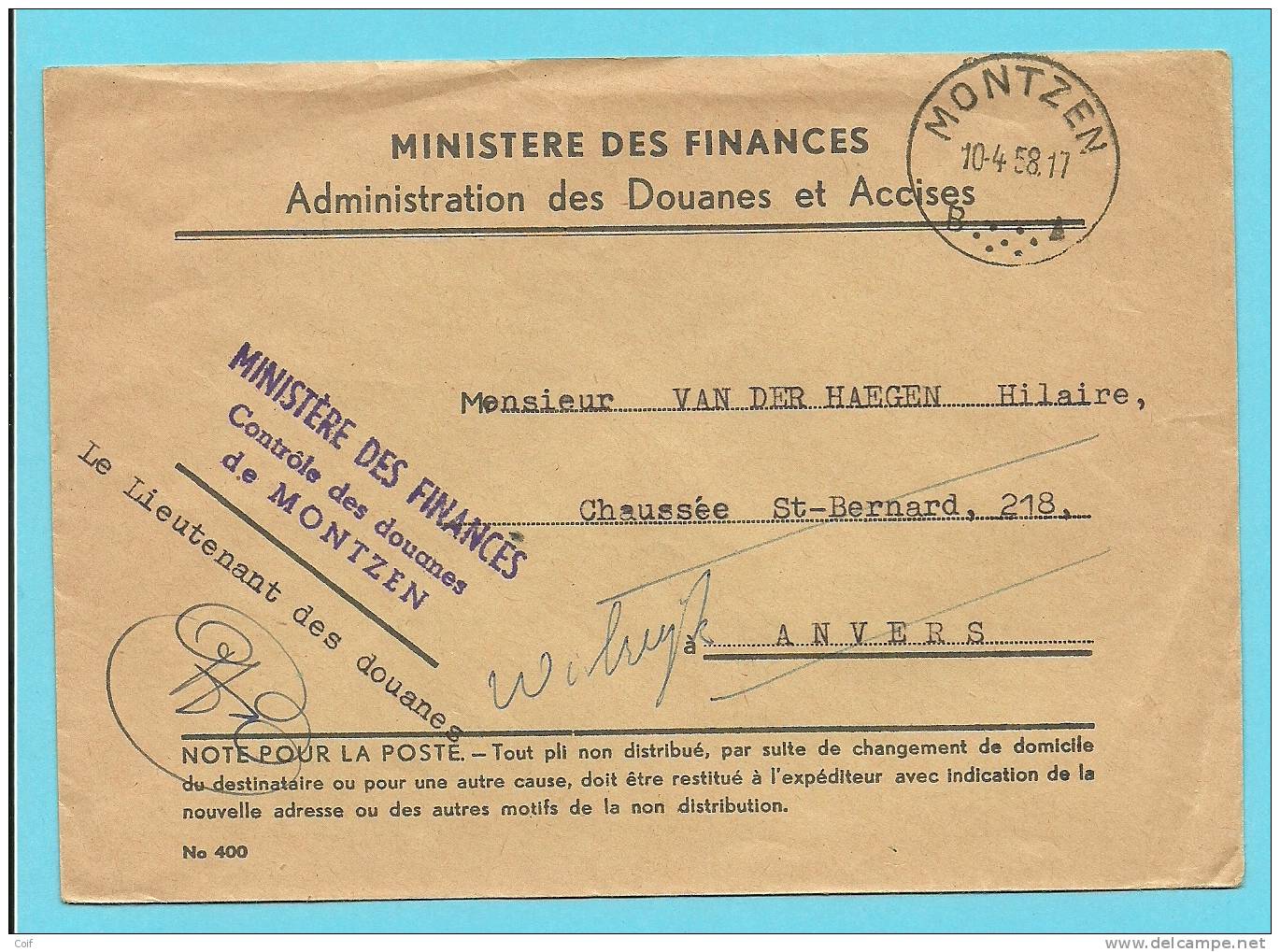 Brief (Ministere Des Finances) Met Stempel MONTZEN (Oostkanton - Canton De L´est) - Portofreiheit