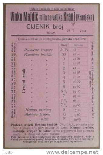 VINKO MAJDIC - MLIN NA VALJKE - KRANJ ... Slovenia Old Price List From 1914.y * Pricelist Liste De Prix Anciens - Slovenia