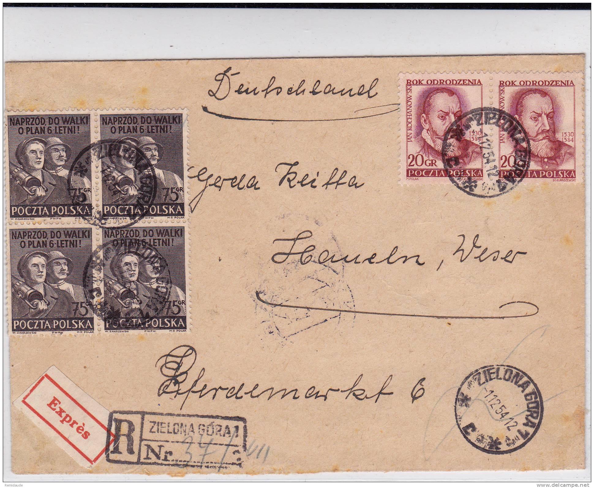 POLOGNE - 1954 - ENVELOPPE RECOMMANDEE EXPRES De ZIELONA GORA Pour HAMELN (GERMANY) - Storia Postale