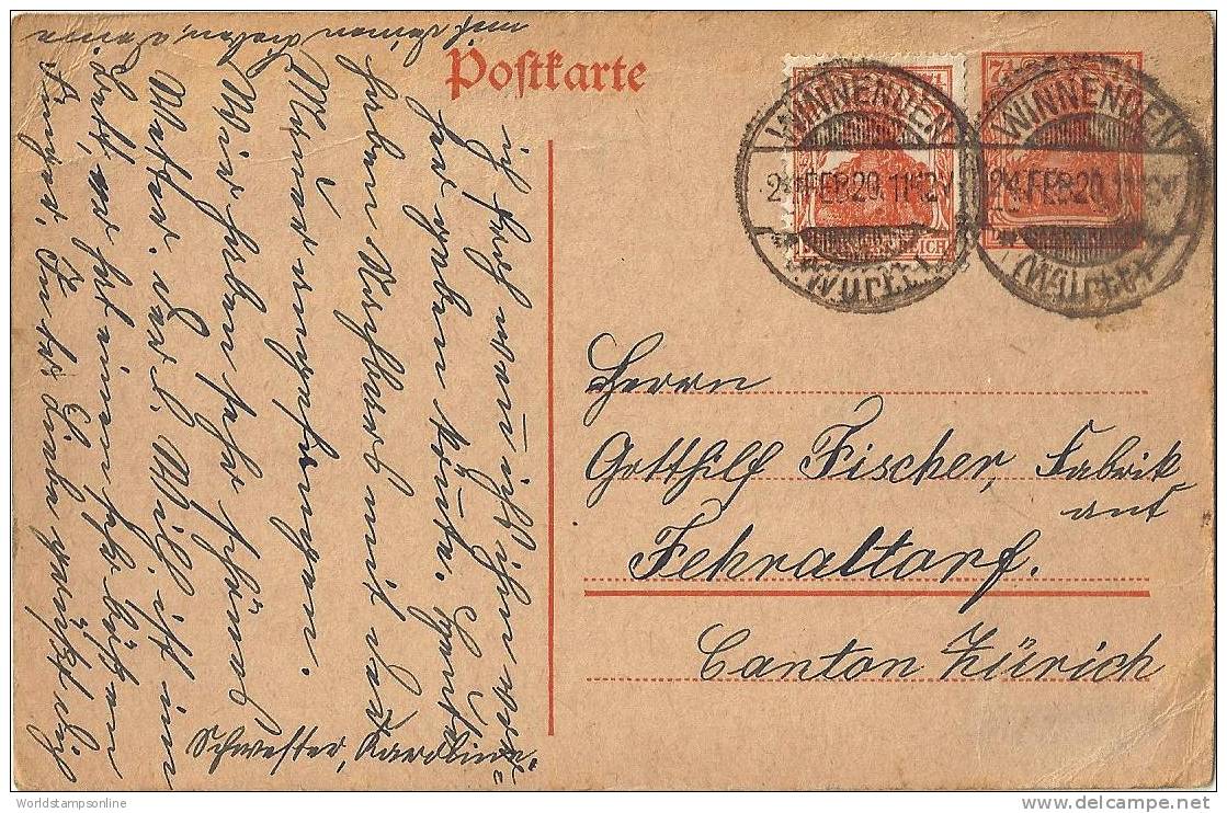 Germany 1920, Postcard Canton Zurich, Cancelled - Briefe U. Dokumente