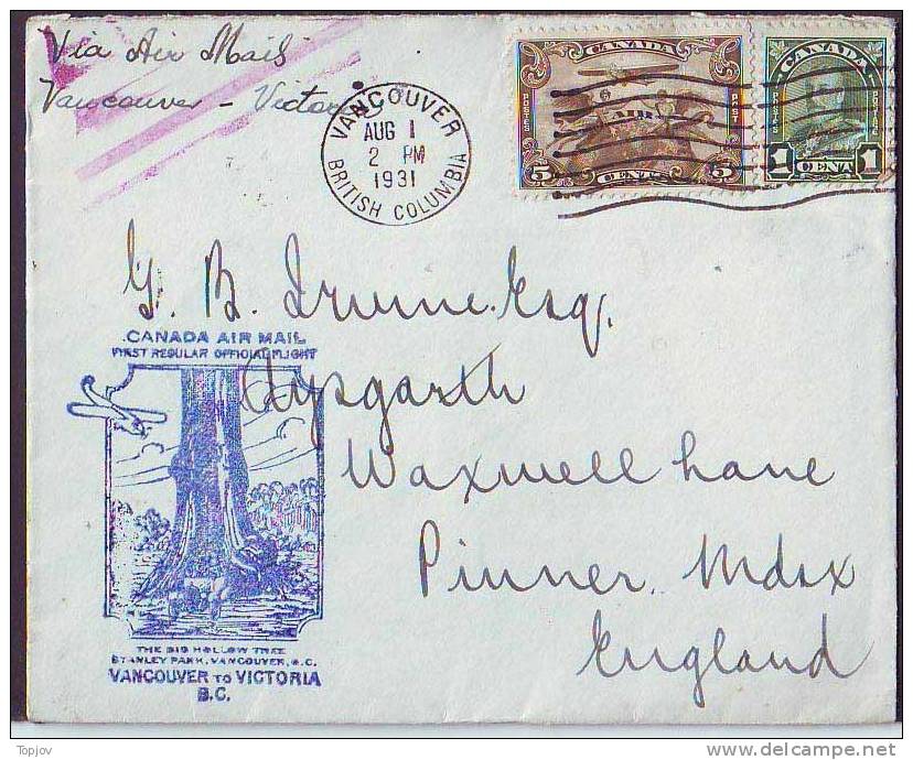 CANADA.1931 FIRST OFFIC. FLIGHT VACOUVER TO VICTORIA, PARK BIG HOLLOW THREE - First Flight Covers