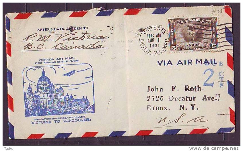 CANADA.1931 FIRST OFFIC. FLIGHT VICTORIA TO VACOUVER, + DUE 2 Cts - First Flight Covers