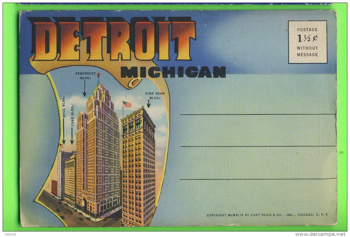 DETROIT, MICHIGAN - CARNET SOUVENIR FOLDER  - 18 MULTIVIEWS - CURT TEICH & CO INC - - Detroit