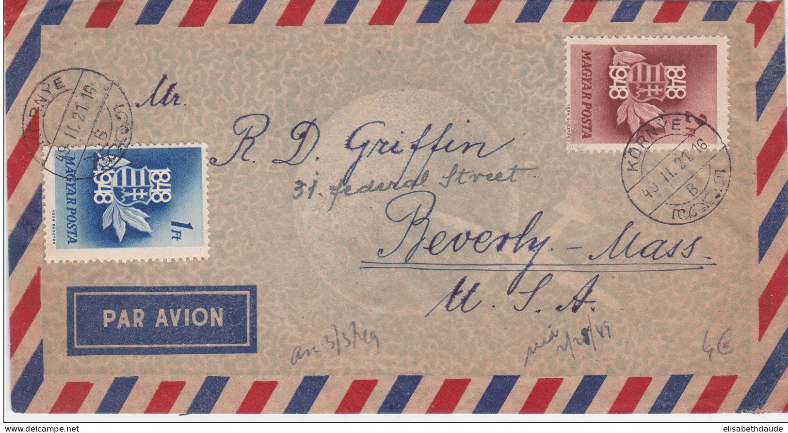 HONGRIE - 1949 - ENVELOPPE PAR AVION De KÖRNYE Pour BEVERLY Mass. USA - Storia Postale