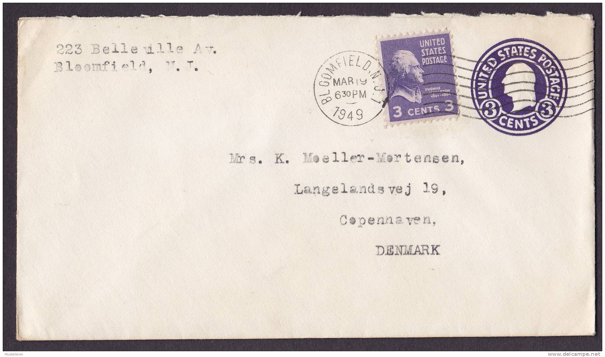 United States Uprated Postal Stationery Ganzsache Entier BLOOMFIELD N.J. 1949 Cover To Denmark - 1941-60