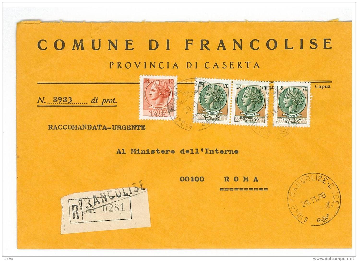 FRANCOLISE CAP 81040  PROV. CASERTA  - ANNO 1980  CE - R - CAMPANIA -TEMATICA COMUNI D'ITALIA - STORIA POSTALE - Macchine Per Obliterare (EMA)