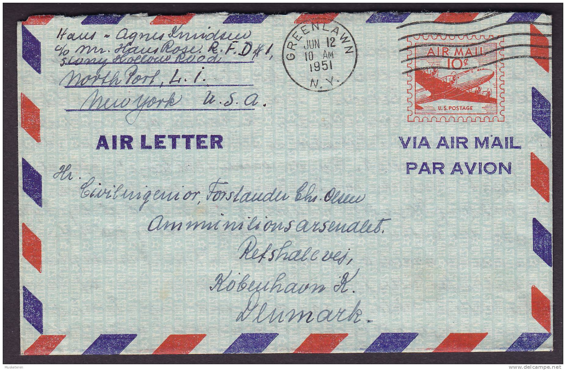 United States Postal Stationery Ganzsache Entier Air Letter Aerogramme GREENLAWN 1951 Cover To Denmark - 1941-60