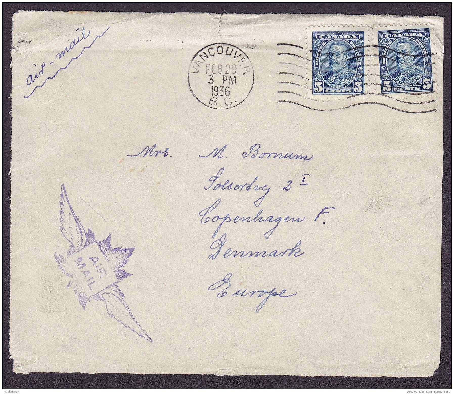 Canada Airmail Par Avion VANCOUVER 1936 Cover (Frontside Only) To Denmark King 2 X George V.Stamps - Poste Aérienne