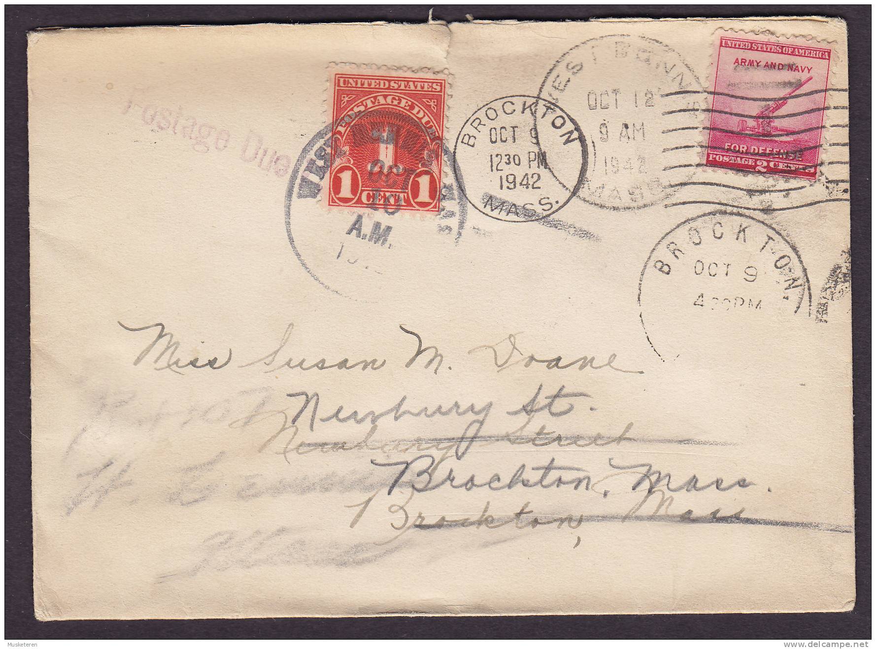 United States Postage Due 1942 Cover To BROCKTON Mass. Readressed - Portomarken