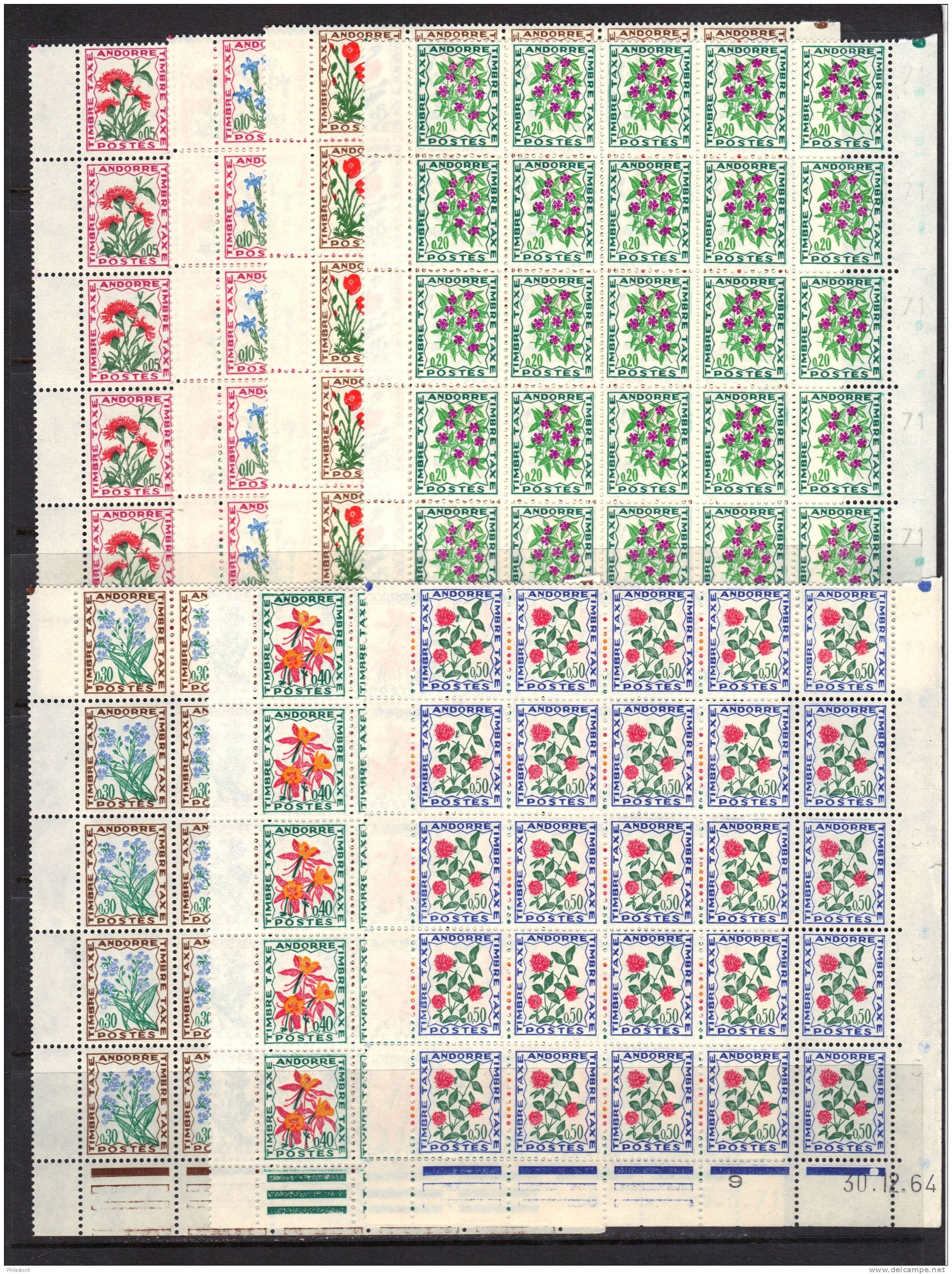 ANDORRE Taxes  N° 46 à 52 ** Blocs De 25 - Unused Stamps