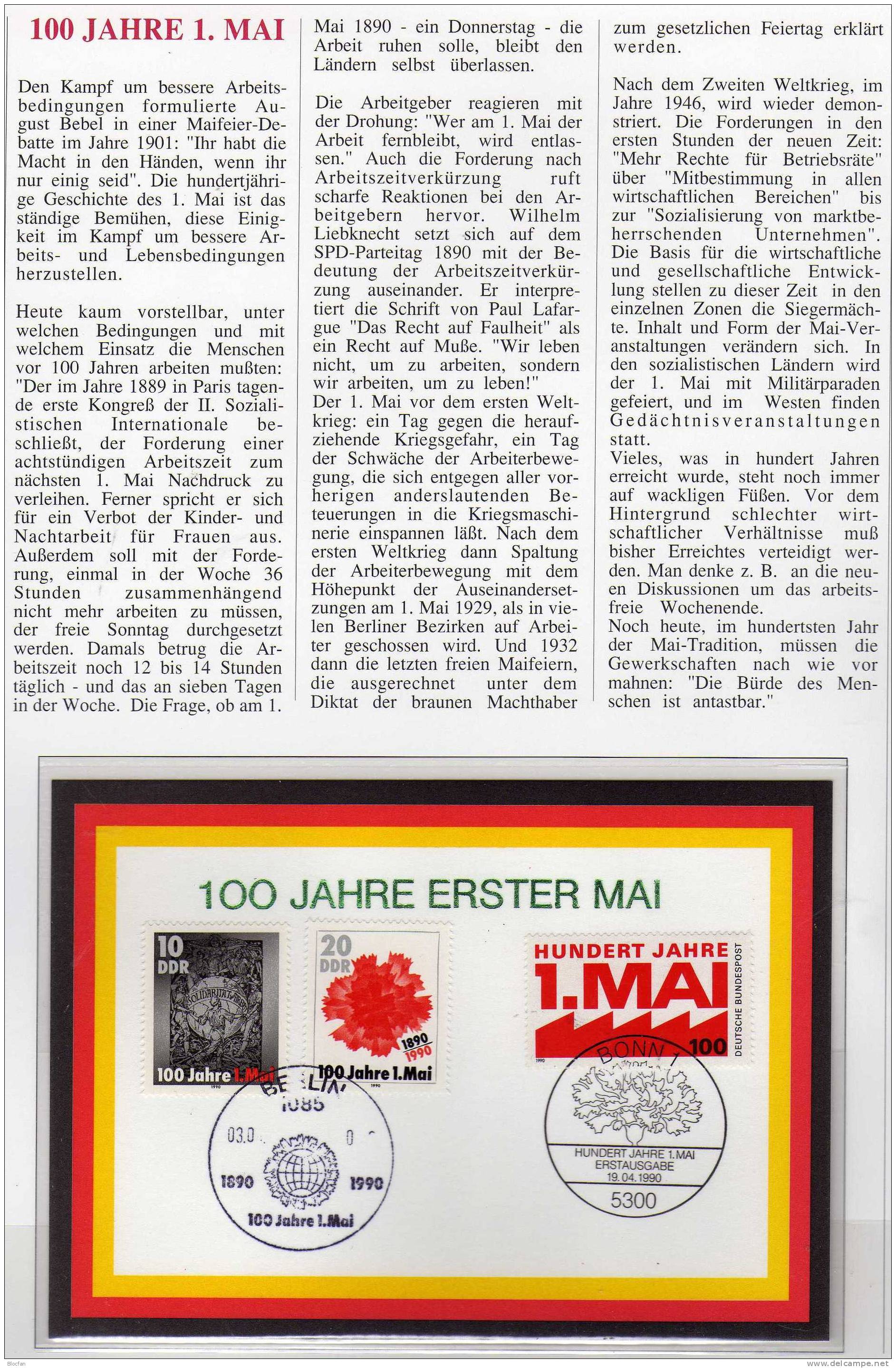 EXTRA Sonderblatt 1.Mai-Fest 1990 DDR 3322/3, BRD 1459 O 8€ Mai-Nelke 100 Jahre Rote Flaggen History Document Of Germany - Lettres & Documents