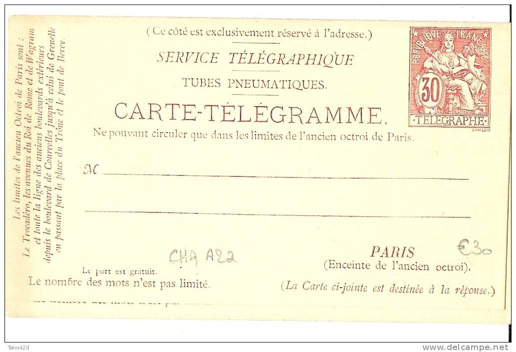 REF LHEN - FRANCE E P CPRP PNEUMATIQUE TYPE CHAPLAIN 30c+30c NEUVE VARIETE "G" AU LIEU DE "B" - Pneumatic Post