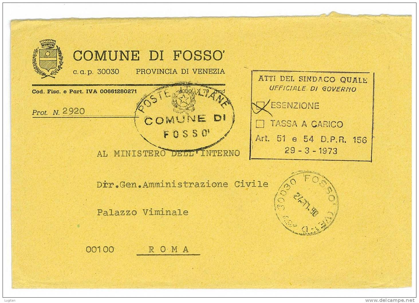 FOSSO'  CAP 30030  VENEZIA  - ANNO 1980  VE - AMR - VENETO -TEMATICA COMUNI D'ITALIA - STORIA POSTALE - Macchine Per Obliterare (EMA)