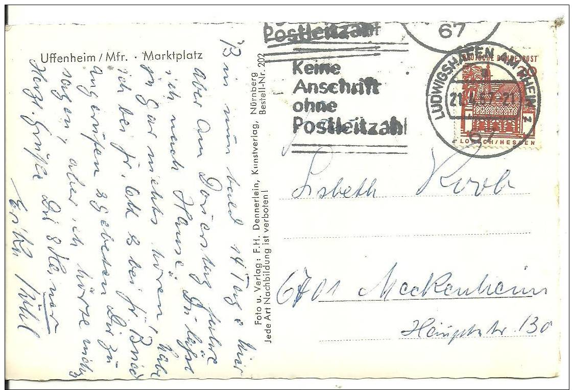 GERMANY - POSTCARD DEPICTING UFFENHEIM MFR - MARKFPLATZ - POSTED 1967 - Neustadt Waldnaab