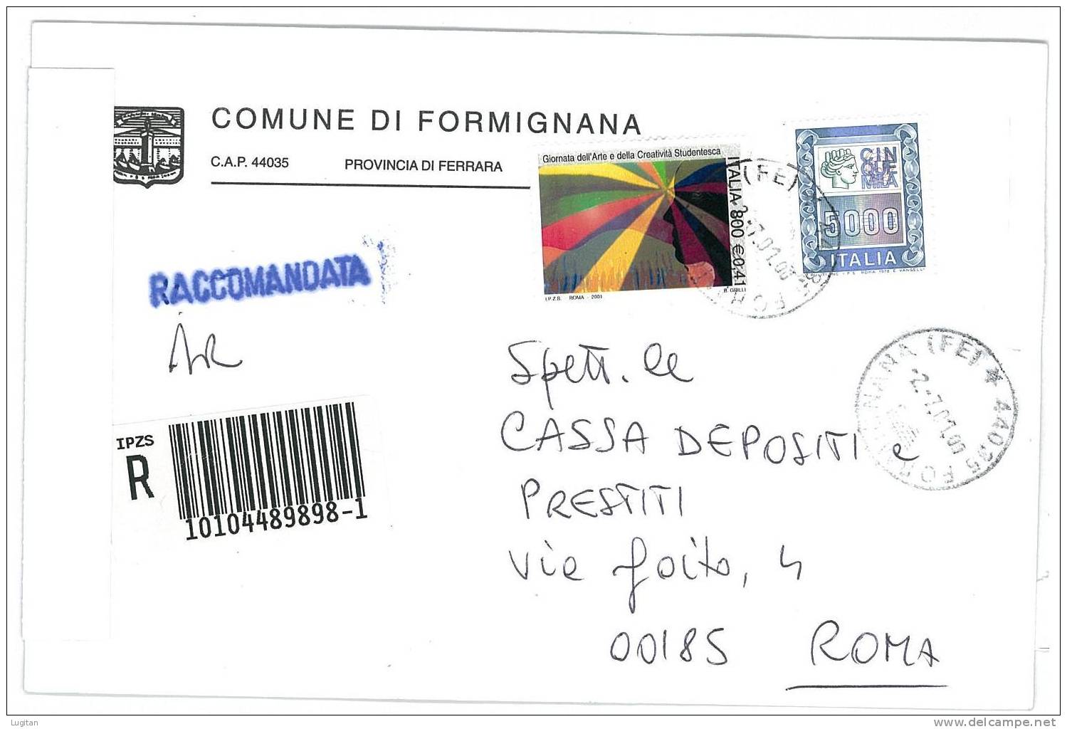 FORMIGNANA CAP 44035  FERRARA  - ANNO 2001  FE -  R  - EMILIA ROMAGNA -TEMATICA COMUNI D'ITALIA - STORIA POSTALE - Macchine Per Obliterare (EMA)