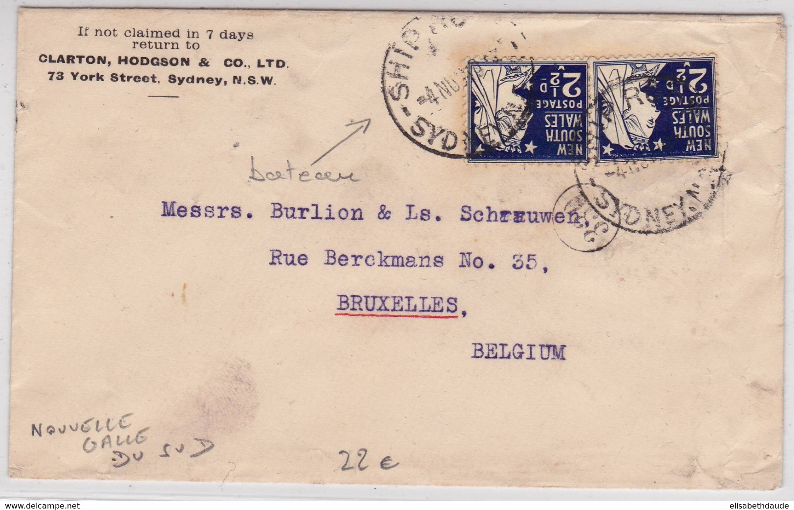 NOUVELLE GALLE (AUSTRALIE) - RARE ENVELOPPE De SYDNEY Avec OBLITERATION De PAQUEBOT Pour BRUXELLES - Briefe U. Dokumente