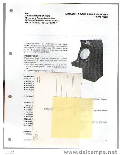 Fiche Marine Nationale Indicateur Pour Radar Marine T-VT 3540 - T-VT Meudon La Forêt -adapté Pour Sous Marin Calypso III - Equipo