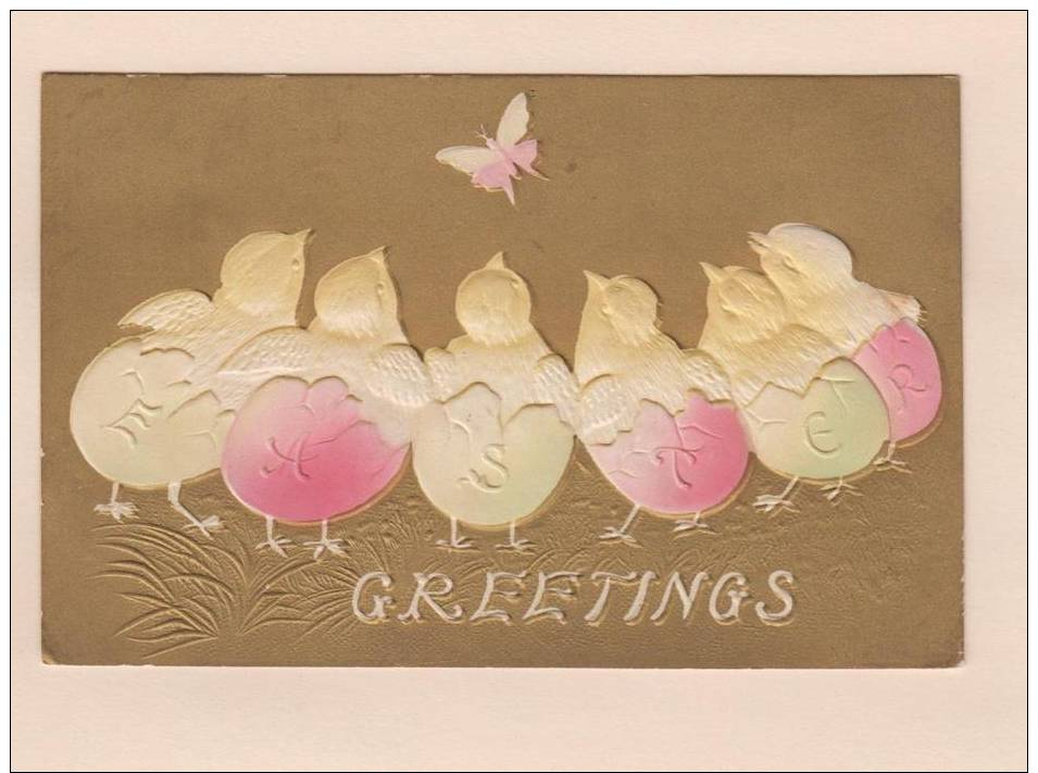 D50592 Postcard Greetings (Easter), Chicks In Eggs That Spell Easter Watching Butterfly, Airbrushed, Used - Easter